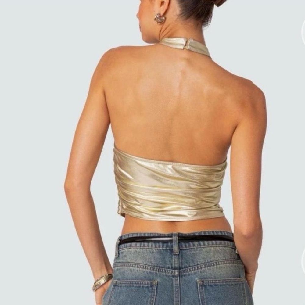NWT Karter Metallic Gold Halter Neck Top Size Small Shiny Dressy - Picture 2 of 5
